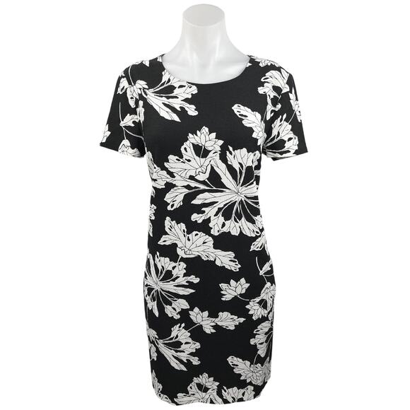 Banana Republic Black Floral Print Round Neck Short Sleeve Mini Sheath Dress 8 - Picture 1 of 5